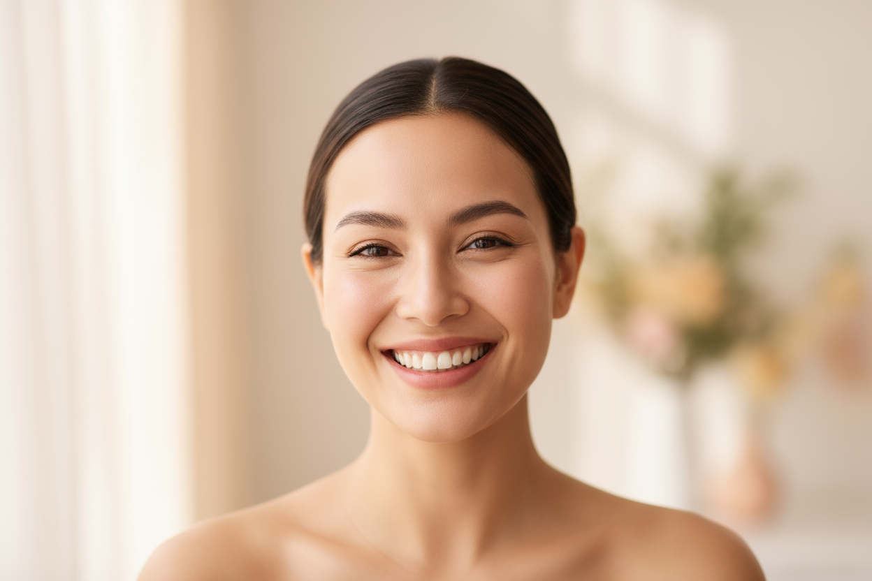 A photo of a women with flawless skin smiling 