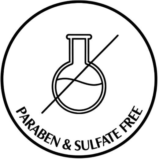 Create a premium skincare badge icon on a black background. The badge should be circular with a thin gold outline. Inside the circle, place a minimalist, elegant medical flask with a diagonal line over it to show its crossed out in gold line art. Include the text 'Paraben & Sulfate Free' along the bottom arc of the circle in uppercase letters. Use Montserrat font . Style the badge to look consistent with luxury skincare branding, with thin gold lines, min