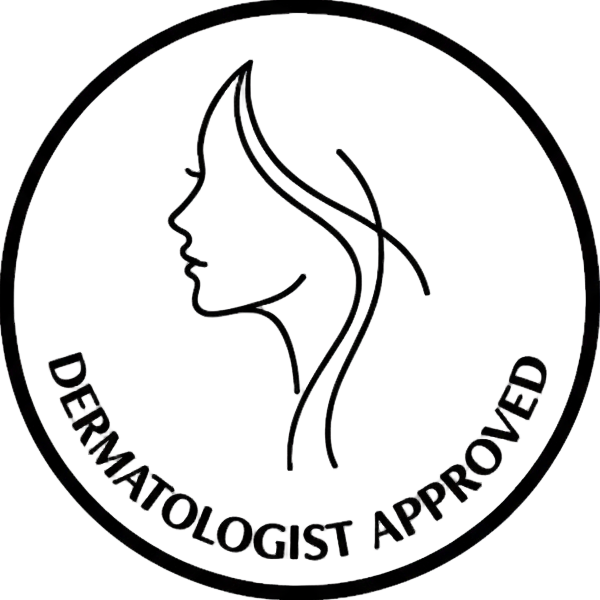 Create a premium skincare badge icon on a black background. The badge should be circular with a thin gold outline. Inside the circle, place a minimalist, elegant side profile of a women in gold line art. Include the text 'Dermatologist Approved' along the bottom arc of the circle in uppercase letters. Use serif Montserrat font . Style the badge to look consistent with luxury skincare branding, with thin gold lines, min