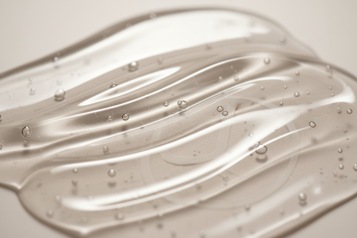 Macro photo of glossy skincare gel texture, scientific elegance, neutral tones, premium minimal style