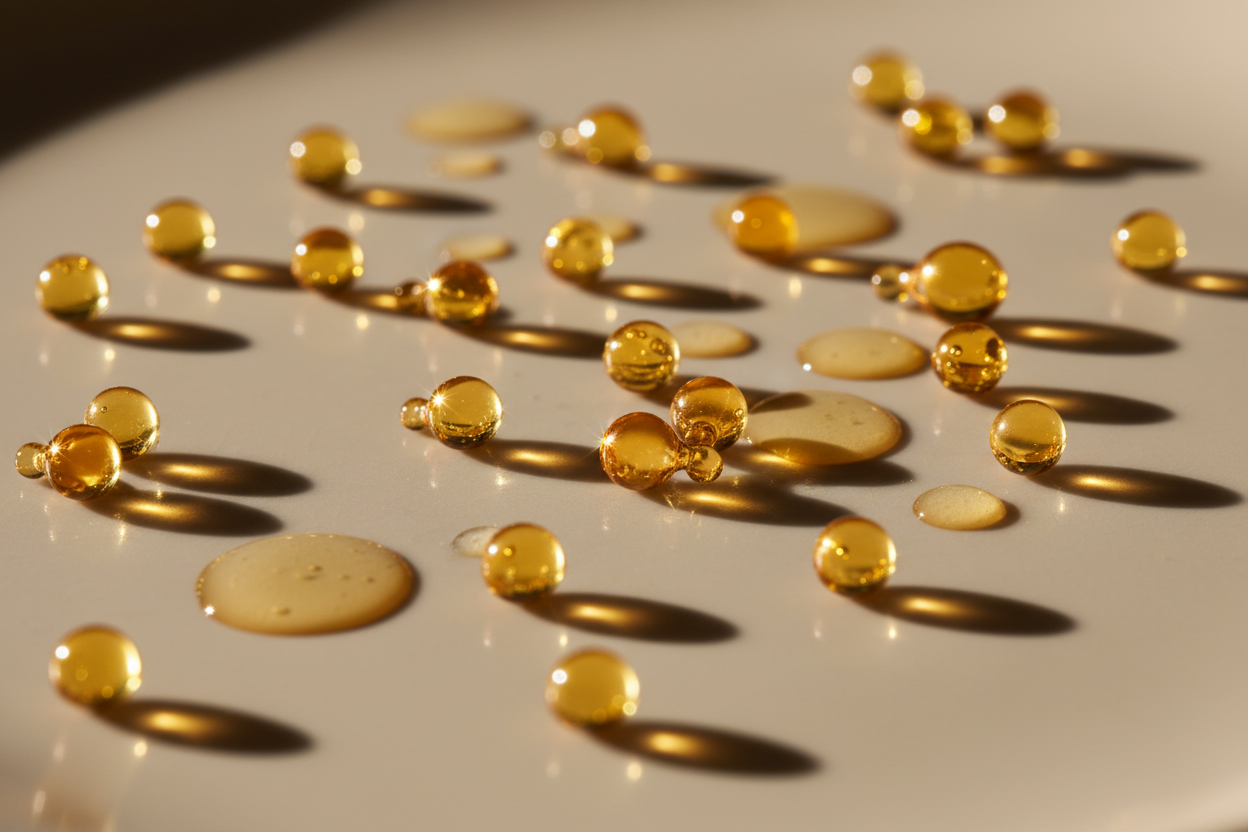Macro photography of small golden capsules or serum droplets with light reflections, set on a clean neutral surface. Warm golden tones, clinical yet luxurious skincare aesthetic, focus on transparency and precision.