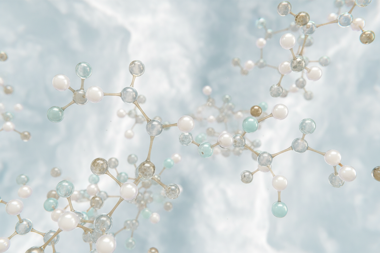 Microscopic-style visualization of peptide chains or molecular structures made of glowing spheres and connections, floating in soft white or light blue background. Luxurious biotech skincare concept(no need to wirte this), minimal, clean lighting.
