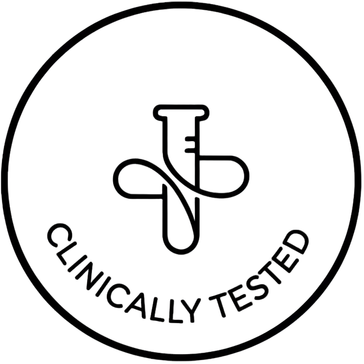 Minimalist round badge icon that reads ‘Clinically Tested’, elegant thin-line design, gold and white color palette, subtle medical cross or test tube symbol, premium skincare certification aesthetic, vector on transparent background