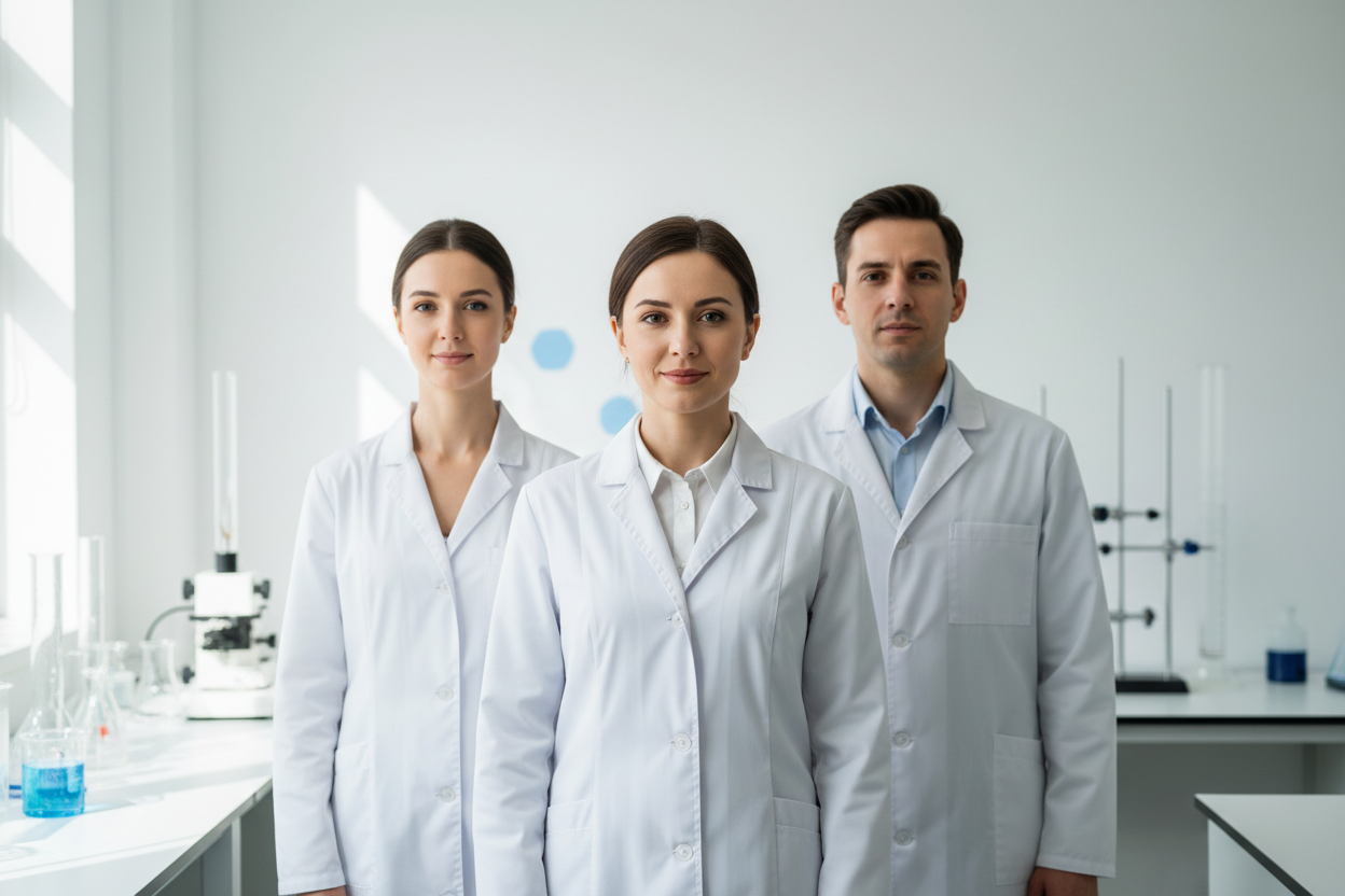 Three professionals in white lab coats standing in a neat formation inside a bright, modern lab. They look directly at the camera with calm, trustworthy expressions. Soft, natural lighting and a clean, minimal background with subtle lab elements. Premium, approachable, and ethical feel. No logos, text, or products.